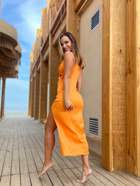 Asymmetrical orange  silky dress